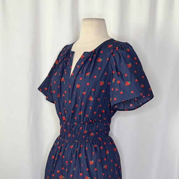 ANTHROPOLOGIE Strawberry Print Smocked Somerset Mini Dress Navy Blue Red Small - Picture 7 of 14